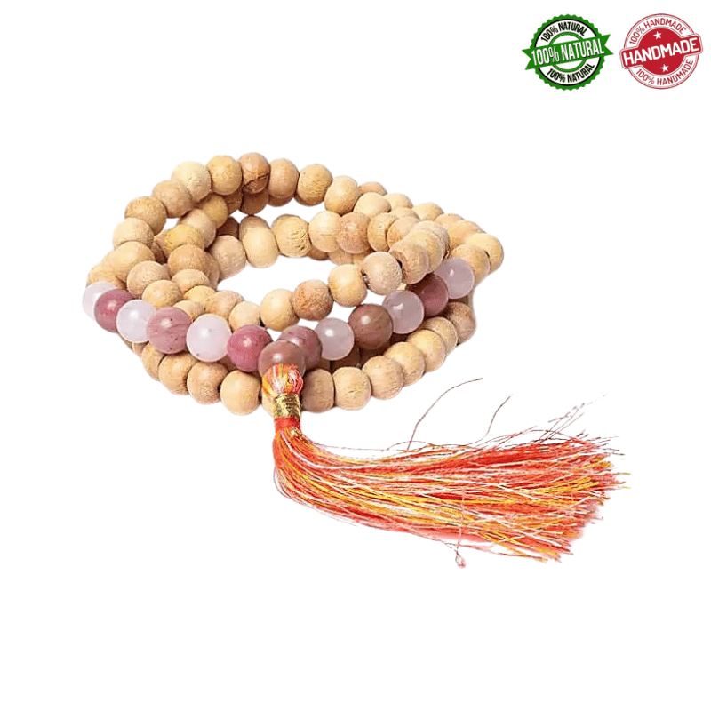 Mala Tibetano 108 semi Tulsi e perle di Tulite e Quarzo Rosa da 8mm - Qualità AA