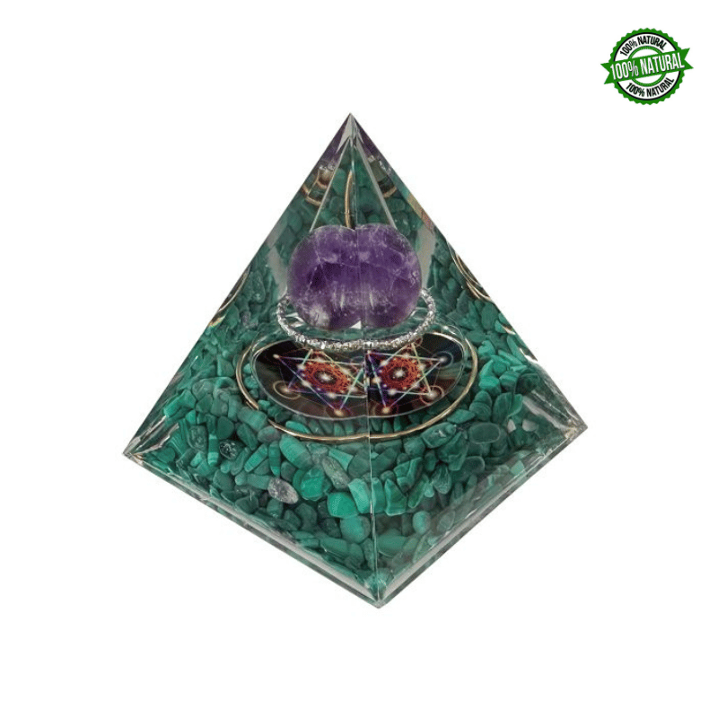 Piramide Orgonite con Ametista, Malachite e Metatron - (60 x 60 x 60mm)