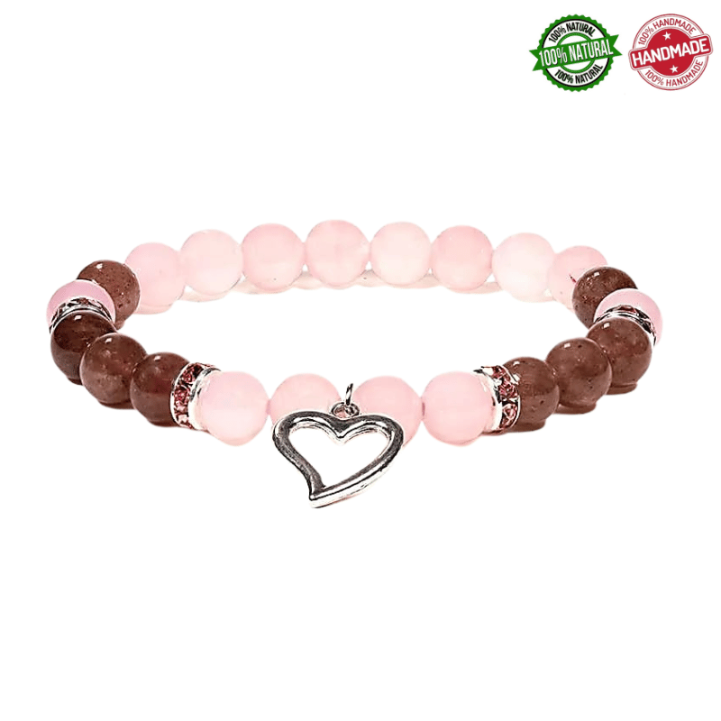 Braccialetto Quarzo rosa e Quarzo fragola perle da 8mm con ciondolo Cuore